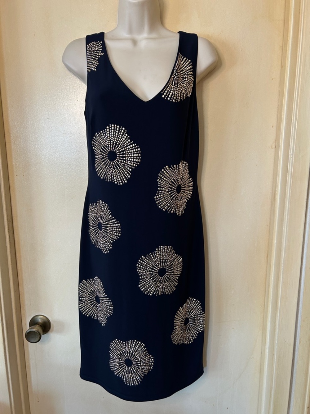 Joseph Ribkoff Navy Midi Dress with Gold Radiant Dot Motifs size 6